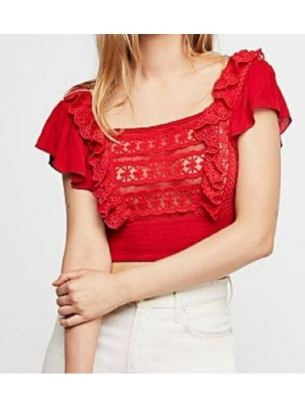 Free People Red Lace & Ruffle Smocked Crop Top XS